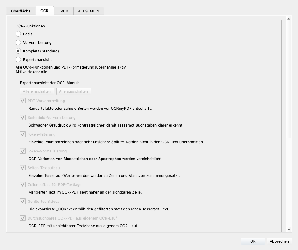 OCR Einstellungen Standardprofil
