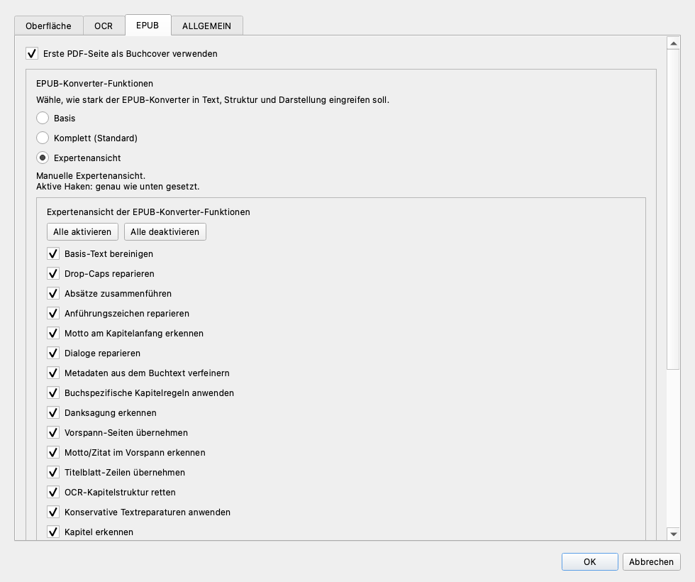 EPUB Einstellungen Expertenansicht