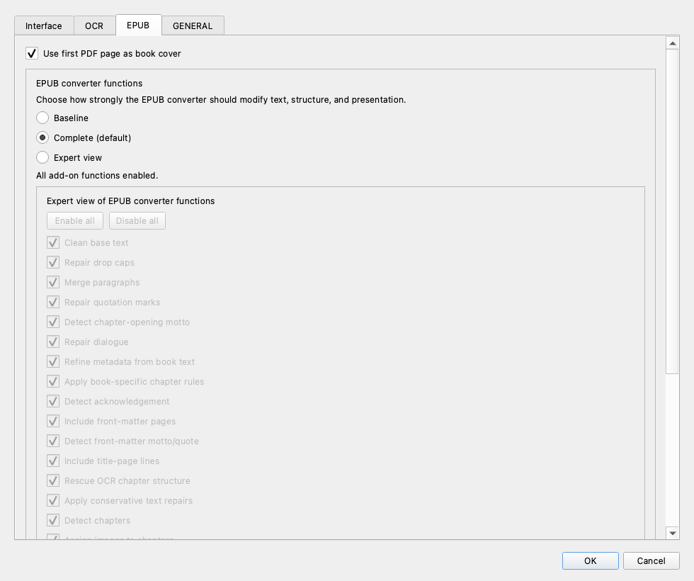 EPUB settings with Complete default profile