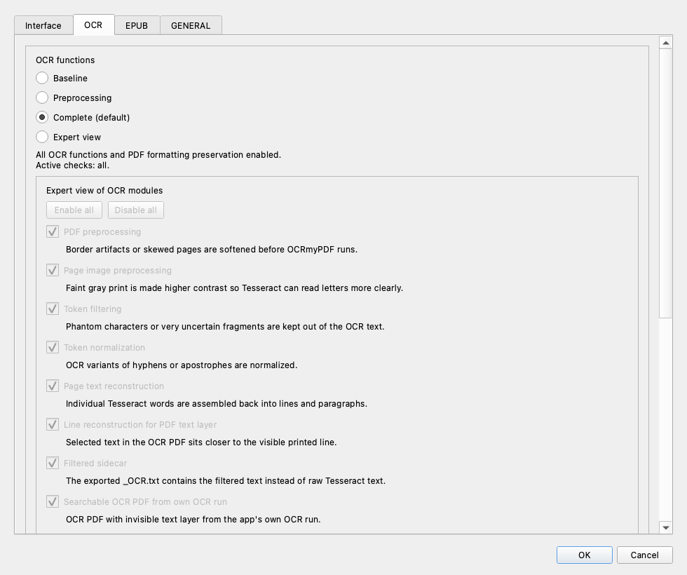 OCR settings with Complete default profile